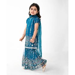Babyhug Woven Short Sleeves Sequinned Floral Embroidered Kurti Gharara & Dupatta Set - Teal