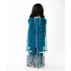 Babyhug Woven Short Sleeves Sequinned Floral Embroidered Kurti Gharara & Dupatta Set - Teal