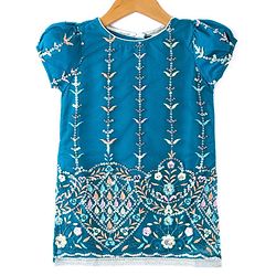 Babyhug Woven Short Sleeves Sequinned Floral Embroidered Kurti Gharara & Dupatta Set - Teal