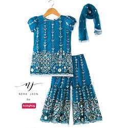 Babyhug Woven Short Sleeves Sequinned Floral Embroidered Kurti Gharara & Dupatta Set - Teal