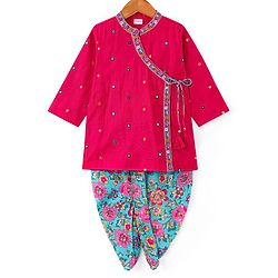 Babyhug Woven Full Sleeves Angarakha Style Mirror Embroidered Kurta With Floral Printed Dhoti Set - Fuschia