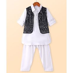 Babyhug Woven Full Sleeves Solid Kurta Pyjama Set with Sequin Embroidered Jacket - White