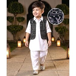 Babyhug Woven Full Sleeves Solid Kurta Pyjama Set with Sequin Embroidered Jacket - White