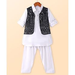 Babyhug Woven Full Sleeves Solid Kurta Pyjama Set with Sequin Embroidered Jacket - White