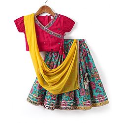 Babyhug Woven Half Sleeves Floral Printed & Embroidered Choli Lehenga Set with Dupatta - Fuschia & Green