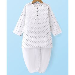 Babyhug Cambric Woven Full Sleeves Polka Dot Print Kurta & Dhoti Set- Off White