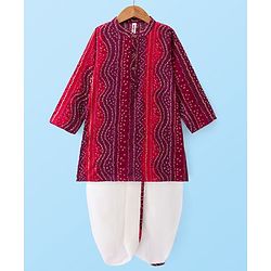 Babyhug Woven Full Sleeves Bandhani Printed  Kurta Dhoti Set - Red