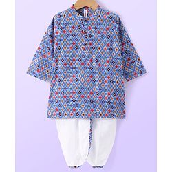 Babyhug Cambric Woven Full Sleeves Printed Dhoti Kurta Set - Blue