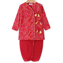 Babyhug Cambric Woven Full Sleeves Bandhani Printed Angarkha Dhoti Set with Tassle Detailing - Red