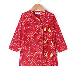 Babyhug Cambric Woven Full Sleeves Bandhani Printed Angarkha Dhoti Set with Tassle Detailing - Red