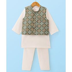 Babyhug Cambric Woven Full Sleeves Solid Kurta Pyjama Set With Floral Printed Jacket - Off White
