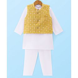 Babyhug Cambric Woven Solid Color Kurta Pyjama Set with Printed Jacket - Off White