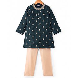 Babyhug Woven Full Sleeves Floral Embroidered Kurta Pyjama Set - Bottle Green
