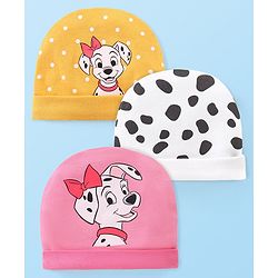 Babyhug Disney  Interlock Knit Caps with 101 Dalmatians Graphic Pack of 3 - Pink Yellow & White