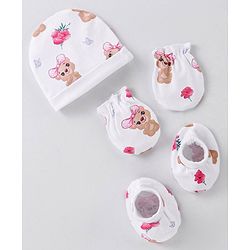 Babyhug 100% Cotton Interlock Knit Cap Mittens & Booties Set with Teddy Bear Print - White