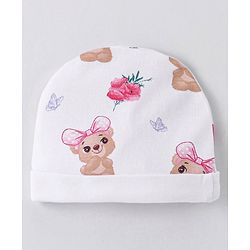Babyhug 100% Cotton Interlock Knit Cap Mittens & Booties Set with Teddy Bear Print - White