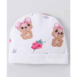 Babyhug 100% Cotton Interlock Knit Cap Mittens & Booties Set with Teddy Bear Print - White