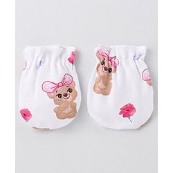 Babyhug 100% Cotton Interlock Knit Cap Mittens & Booties Set with Teddy Bear Print - White