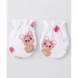 Babyhug 100% Cotton Interlock Knit Cap Mittens & Booties Set with Teddy Bear Print - White