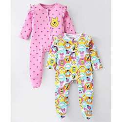 Babyhug Disney Interlock Knit Full Sleeves Sleep Suit with Frill Detailing & Winnie the Pooh Print Pack of 2 - Pink &  White