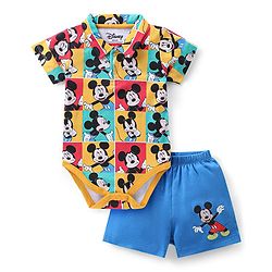 Babyhug Disney Interlock Knit Half Sleeves Onesie With Shorts Mickey Mouse Graphics - Multicolour