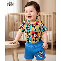 Babyhug Disney Interlock Knit Half Sleeves Onesie With Shorts Mickey Mouse Graphics - Multicolour