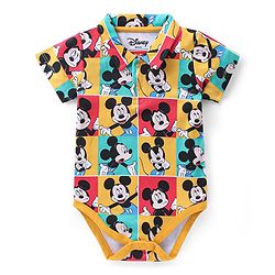 Babyhug Disney Interlock Knit Half Sleeves Onesie With Shorts Mickey Mouse Graphics - Multicolour