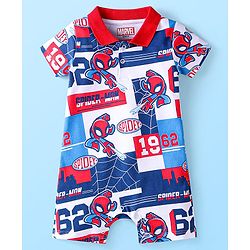 Babyhug Marvel Interlock Knit Half Sleeves Romper with Spiderman Print & Collar Detailing - Red Blue & White