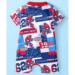 Babyhug Marvel Interlock Knit Half Sleeves Romper with Spiderman Print & Collar Detailing - Red Blue & White
