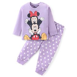 Babyhug Disney Single Jersey Knit Full Sleeves Night Suit with Minnie and Mickey Mouse Graphics - Purple
