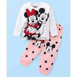 Babyhug Disney Cotton Knit Full Sleeves Night Suit With Mickey Mouse Graphics - White & Pink