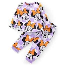 Babyhug Disney Single Jersey Full Sleeves Night Suit With Minnie Mouse Graphics - White & Purple