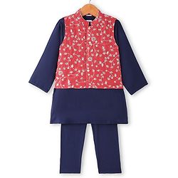 Babyhug Woven Full Sleeves Solid Kurta Pyjama Set With Embroidered Jacket - Navy Blue