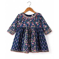 Babyhug  Woven  Three Fourth Sleeves  Floral Printed Kurta & Gharara Set with Dupatta - Blue