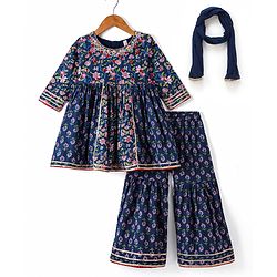 Babyhug  Woven  Three Fourth Sleeves  Floral Printed Kurta & Gharara Set with Dupatta - Blue