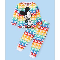 Babyhug Disney Cotton Knit Full Sleeves Night Suit With Mickey Mouse Graphics - Multicolor