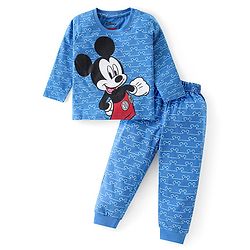Babyhug Disney Single Jersey Knit Full Sleeves Night Suit With Mickey Mouse Graphics -Blue