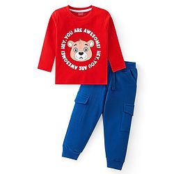 Babyhug Cotton Knit Full Sleeves T-Shirt & Lounge Pants Set With Bear Print - Red & Blue