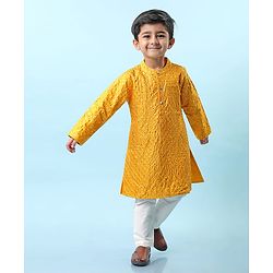 Babyhug Woven Full Sleeves Sequined Embroidered Kurta & Pyjama Set - Mustard