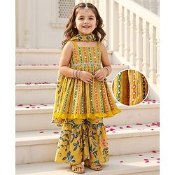 Babyhug Woven Sleeveless Embroidered Kurti With Floral Printed Sharara & Dupatta Set - Mustard