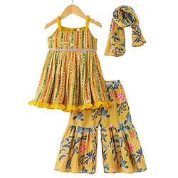 Babyhug Woven Sleeveless Embroidered Kurti With Floral Printed Sharara & Dupatta Set - Mustard