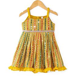 Babyhug Woven Sleeveless Embroidered Kurti With Floral Printed Sharara & Dupatta Set - Mustard