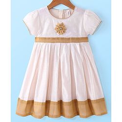 Babyhug Woven Short Sleeves South  Ethnic Dress with Floral Applique - Off White