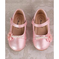 Cute Walk by Babyhug Velcro Closure with Pearls & Floral Applique Ballerinas - Pink