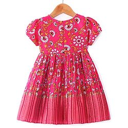 Babyhug Woven Short Sleeves Floral Printed & Embroidered Pleated Ethnic Dress - Dark Pink