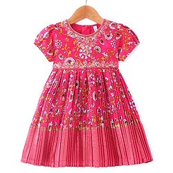 Babyhug Woven Short Sleeves Floral Printed & Embroidered Pleated Ethnic Dress - Dark Pink