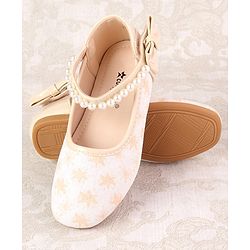 Cute Walk by Babyhug Ballerinas with Velcro Closure Floral Print & Pearl Detailing - Golden