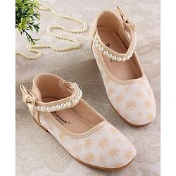 Cute Walk by Babyhug Ballerinas with Velcro Closure Floral Print & Pearl Detailing - Golden