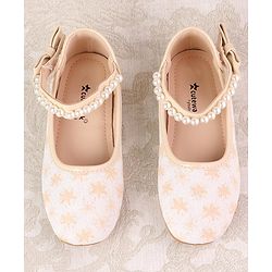 Cute Walk by Babyhug Ballerinas with Velcro Closure Floral Print & Pearl Detailing - Golden
