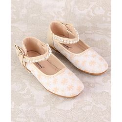 Cute Walk by Babyhug Ballerinas with Velcro Closure Floral Print & Pearl Detailing - Golden